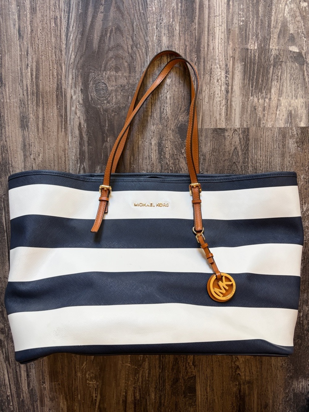 Michael Kors Navy & White Striped Tote with Tan Leather Accents